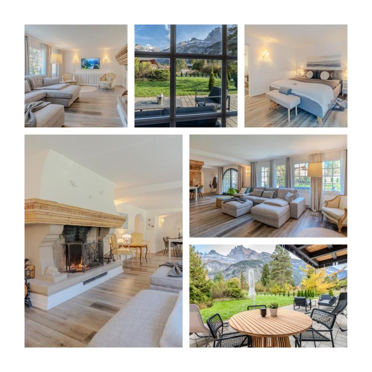 a collage of photos of a living room and a house at Mountain Residence in Kandersteg