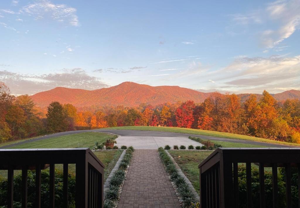 a walkway leading to a park with fall foliage at Red Roof Cabin - Suite 