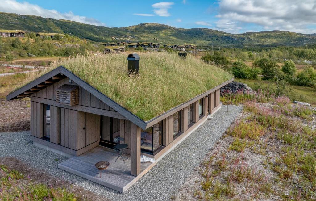 una casa con un techo de hierba con un campo en 3 Bedroom Nice Home In Vøringsfoss, en Maurset