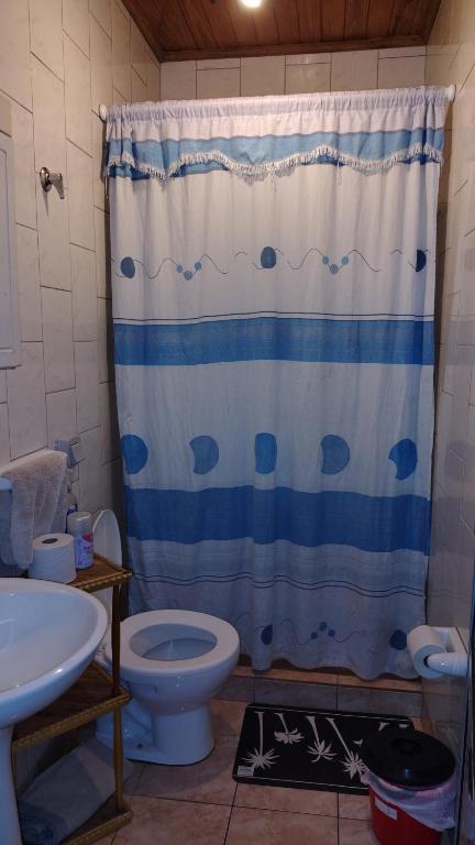 a bathroom with a toilet and a shower curtain at San Martin Apart in Puerto Rico
