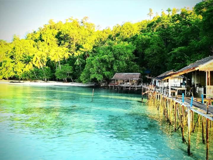 ein Fluss mit einer Gruppe von Gebäuden und Bäumen in der Unterkunft Full Board Raja Ampat Sanara Homestay in Waisai
