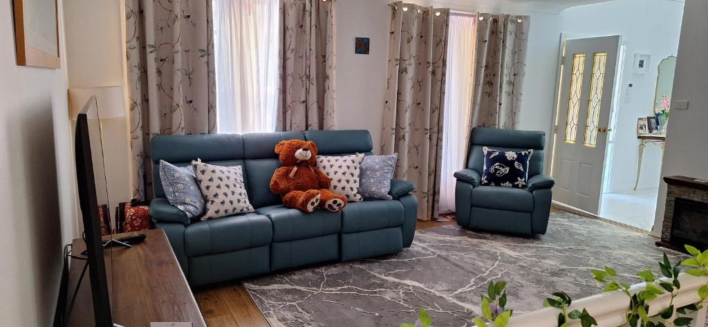 a teddy bear sitting on a blue couch in a living room at Aeris Holiday Home Flinders NSW Pet Friendly in Croom