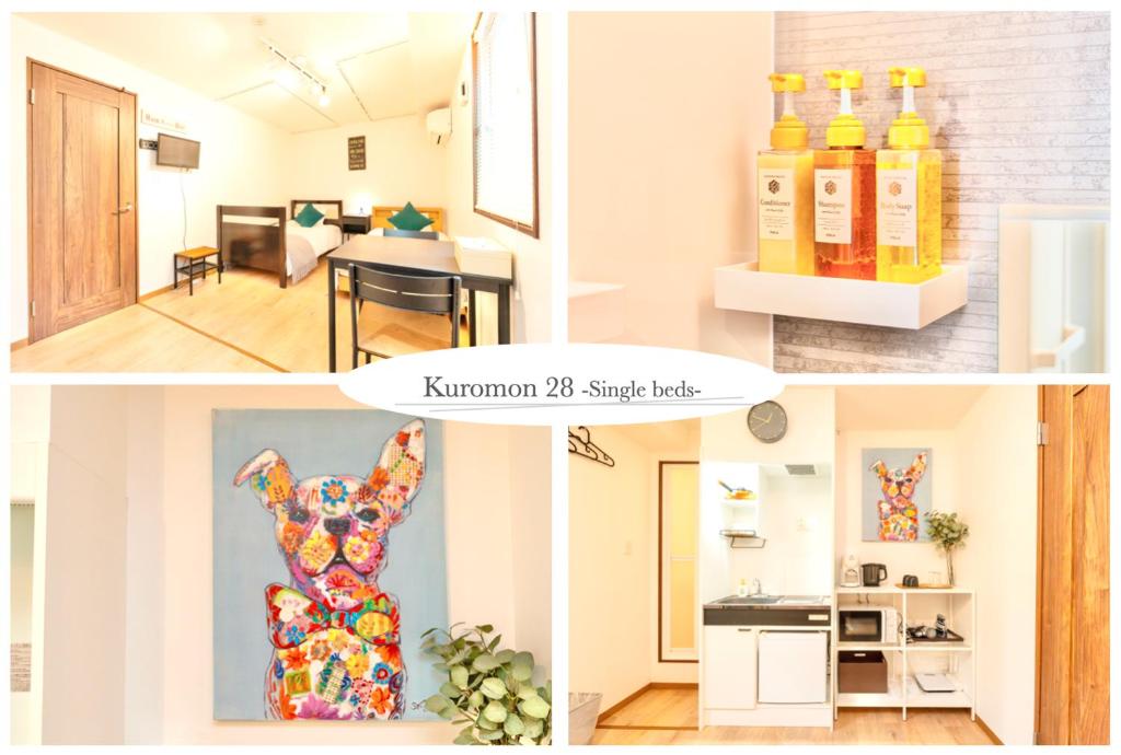 a collage of photos of a kitchen and a living room at Kuromon 28 in Wada