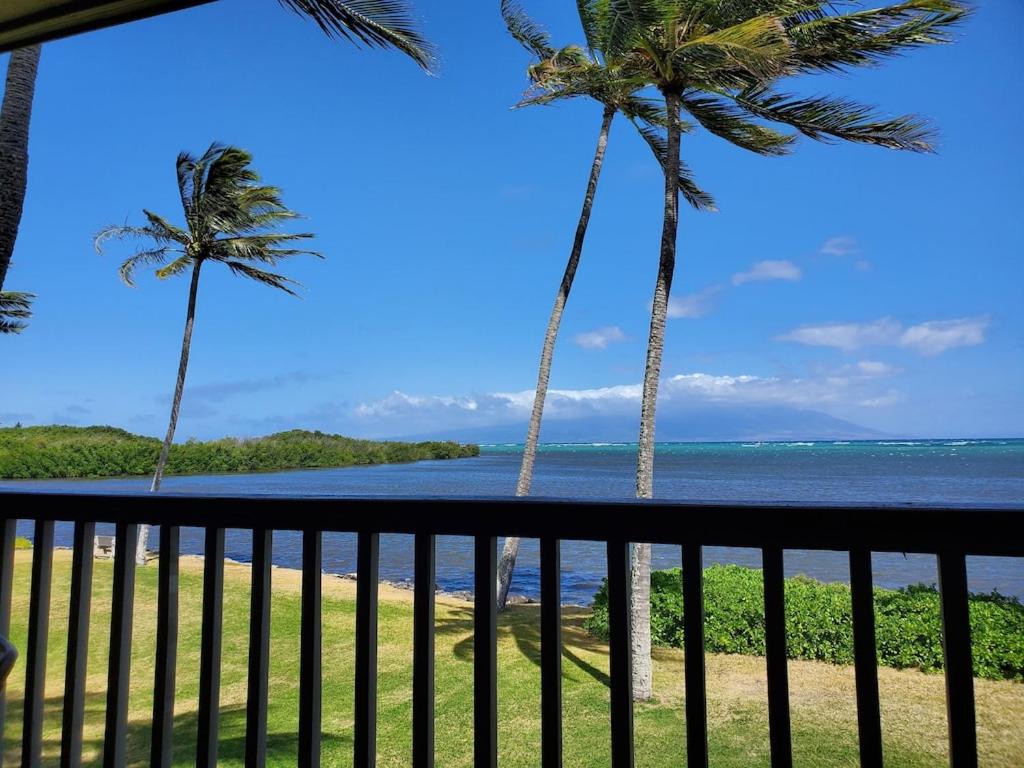 a view of the beach from a balcony with palm trees at Oceanfront true 2 bedroom wlanai on Molokai in Ualapue