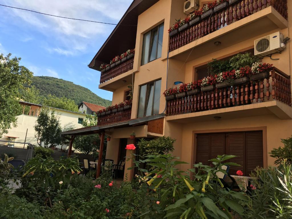 um edifício com um monte de plantas em frente dele em Pansion Velickovic em Niška Banja