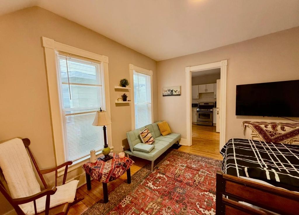 a living room with a couch and a bed at Cozy 1bdrm,highfalls, Wi-fi, Dt, Shopping, Cozy in Rochester