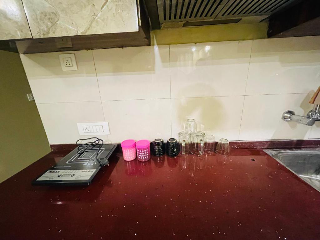 The cozy homes في دهرادون: كونتر مطبخ عليه موقد و كاسات