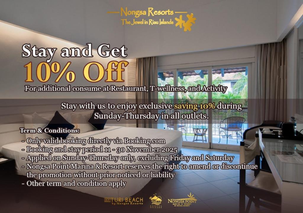 a flyer for a hotel room with the words stay and get off at Nongsa Point Marina in Nongsa