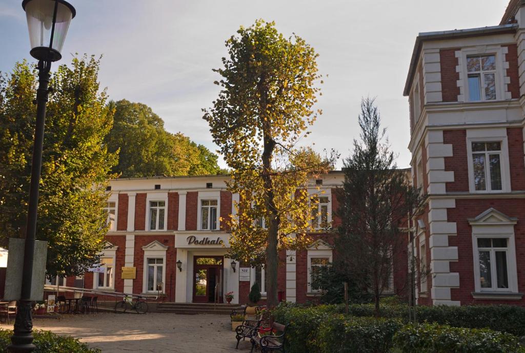 a group of buildings with trees and a street light at Sanatorium Podhale in Połczyn-Zdrój