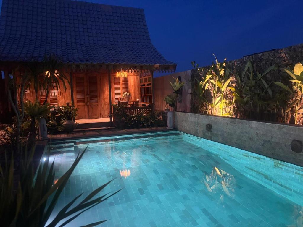 ein Swimmingpool vor einem Haus bei Nacht in der Unterkunft Villa Soluna Lovina in Lovina