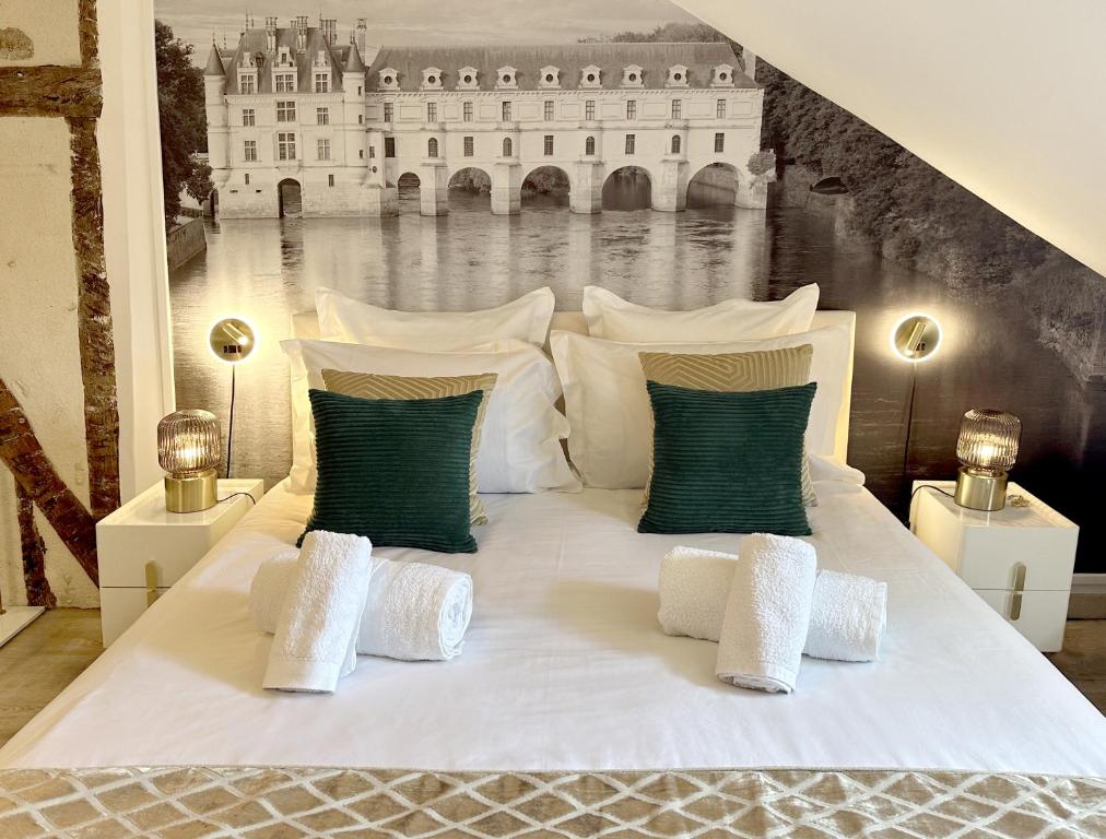 a bedroom with a large white bed with pillows at Amboise hyper centre - Cocon Royal à deux pas du Château in Amboise