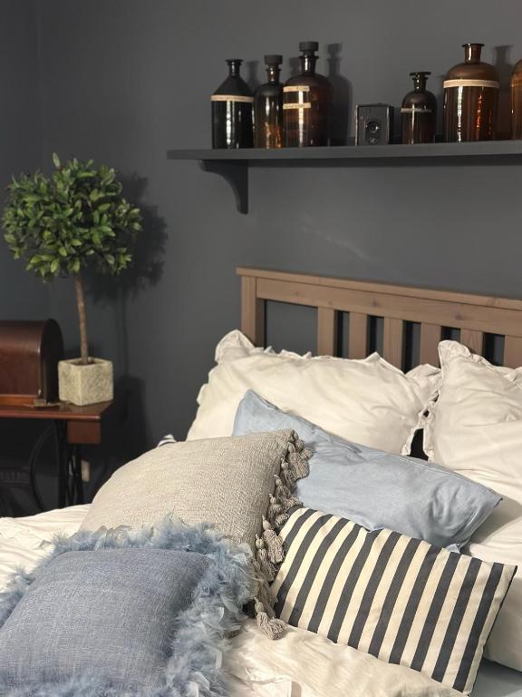 a bedroom with a bed with pillows and a plant at Hildes Bett in Aschersleben