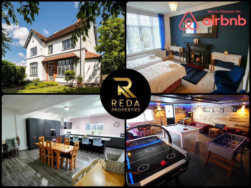 eine Collage mit Bildern eines Hauses mit Billardtisch in der Unterkunft Northfield Cottage, Games & Arcade Room, Dog Friendly HS2, NEC, BHX, M42, Family Gatherings, Contractors, Hot Tube Hire Optional in Hampton in Arden