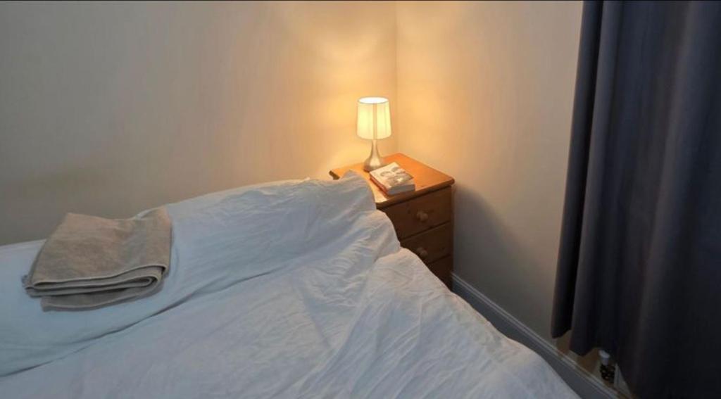 a bedroom with a bed with a lamp on a night stand at Cozy Guest Room in Colchester - Perfect for Travelers in Hythe