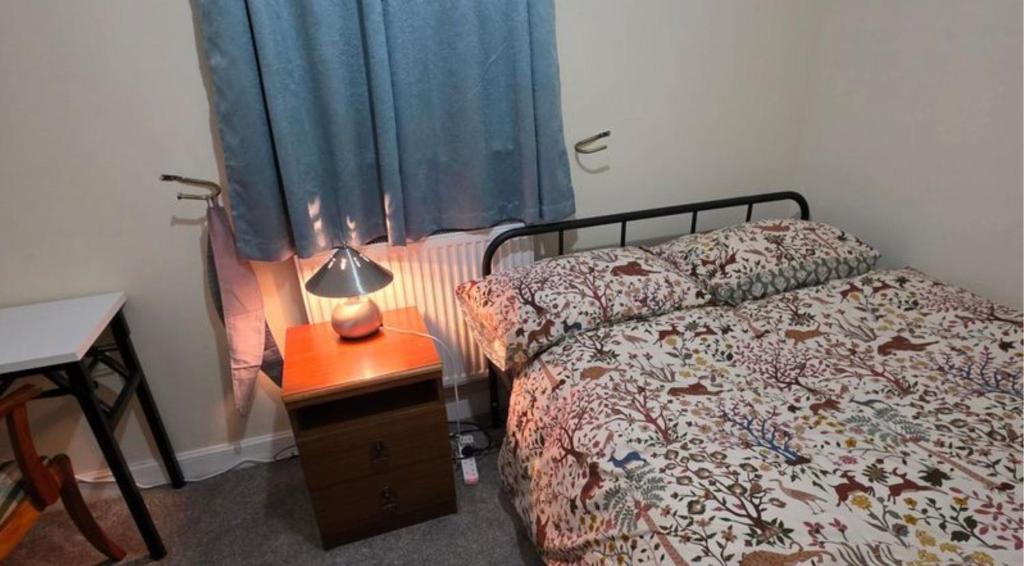a bedroom with a bed and a lamp on a night stand at Charming Colchester Room with Garden Views in Hythe