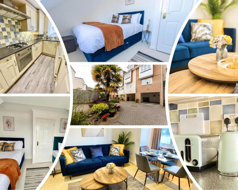 a collage of photos of a hotel room at Modern 4-Level Townhouse for 8 Free Parking Bournemouth in Bournemouth