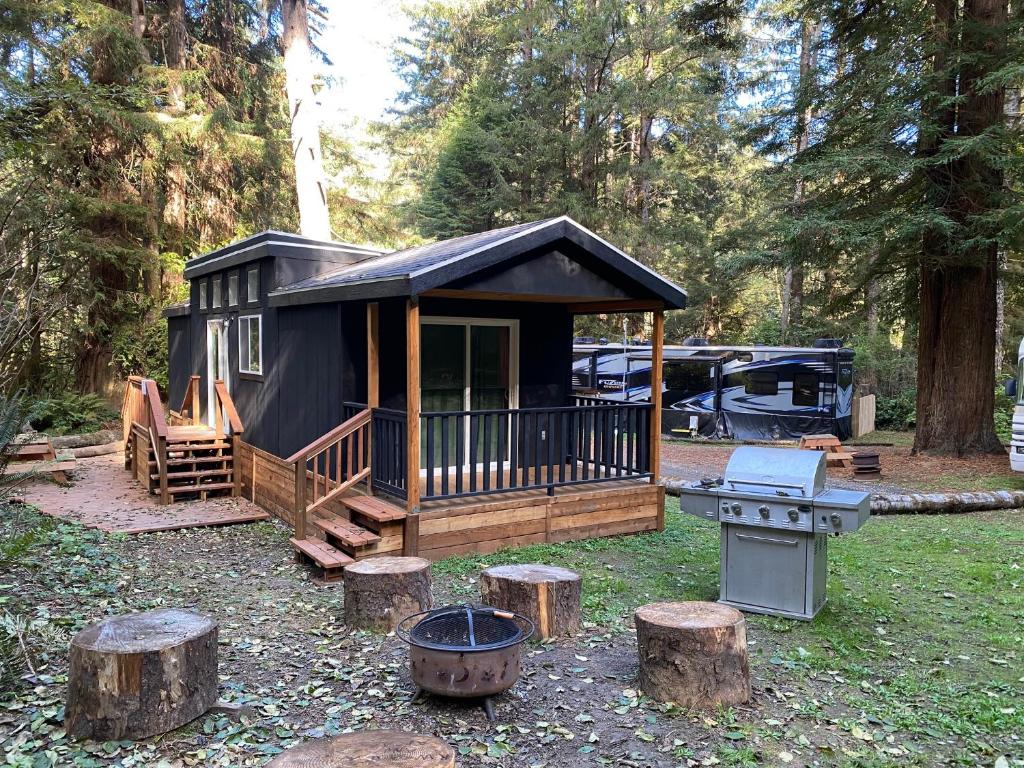 een hut in het bos met een grill en bomen bij The Black Bear Cabin in Klamath