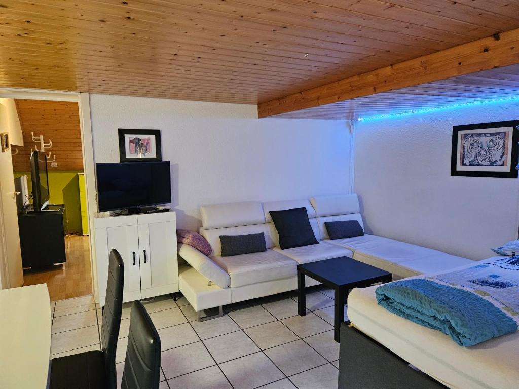 a living room with a couch and a tv at Apartment Dorfstrasse 16 in Leuzigen