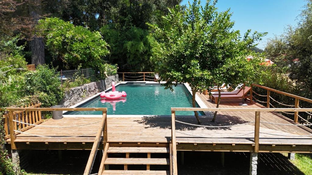 a swimming pool with a pink raft in a yard at Casa da Alvarinha. Privacidade, Conforto, Natureza in Paredes