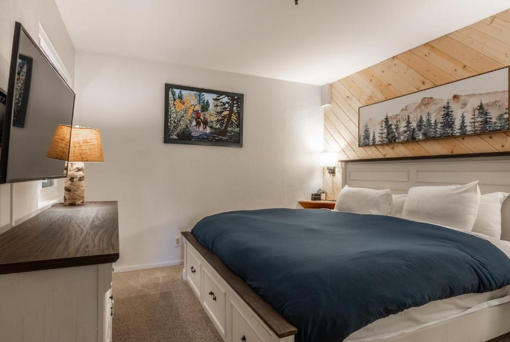 ein Schlafzimmer mit einem großen Bett und einem Fernseher in der Unterkunft Bridges 107 in Mammoth Lakes