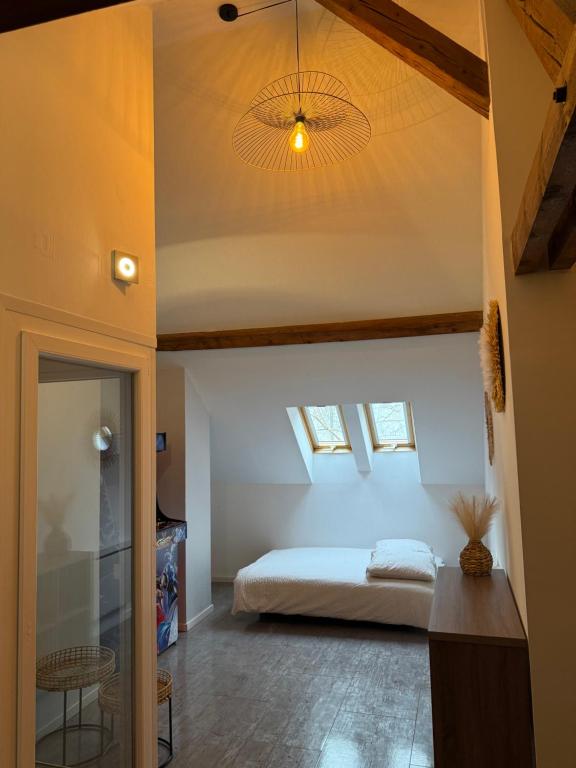 Un dormitorio con una cama y un techo con tragaluces. en Appartement Le Belarya, en Wintzenheim