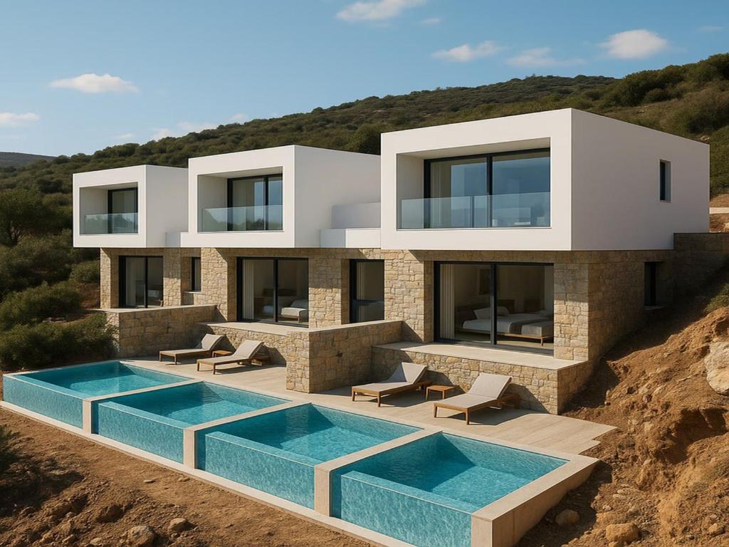 a house on a hill with a swimming pool at Step into a world of nature One Room Private Suite shared pool in Hersonissos