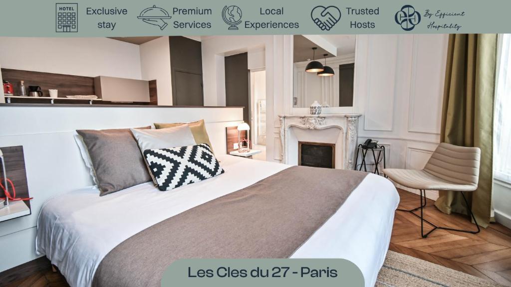 a poster of a bedroom with a bed and a fireplace at Les cles du 27 Paris in Paris