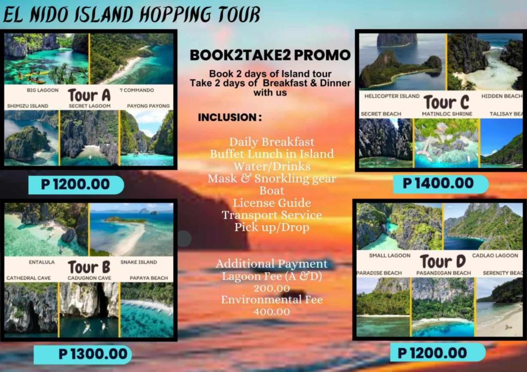 a flyer for a hiking tour of the island hopping tour at Cabugao guest house in El Nido