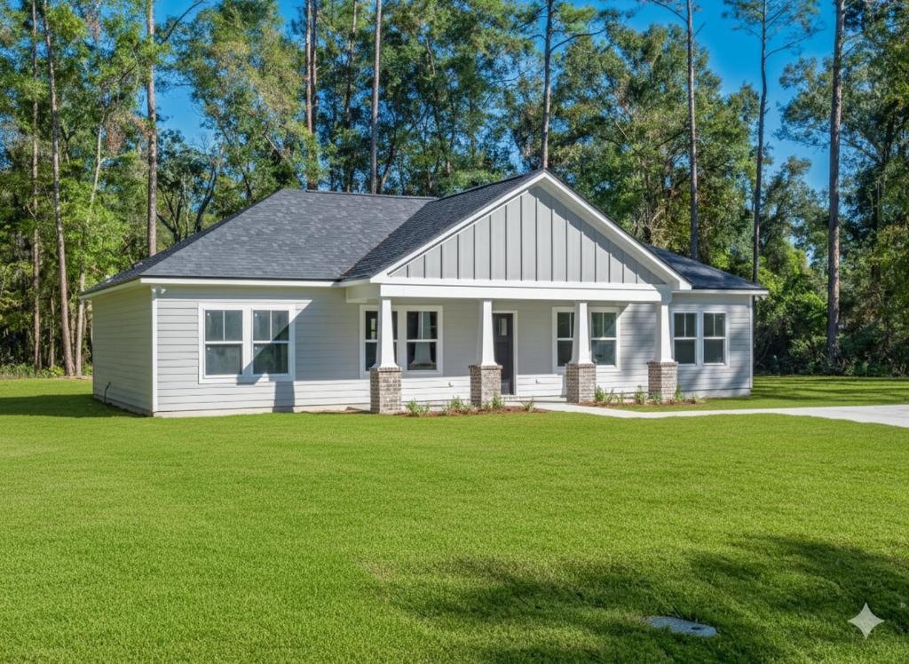una pequeña casa blanca con un gran jardín en Seabreeze Pines, en Crawfordville