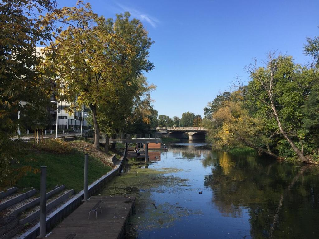 a river with a bridge in the background with trees at Riverside Industrial Studios - SAUNA - GYM -air-conditioning-SPA-FITNESS in Wrocław