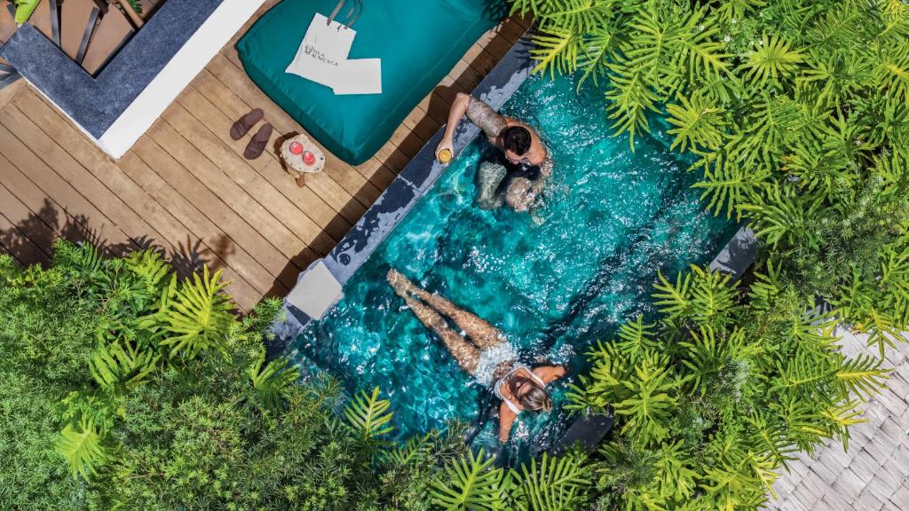 an overhead view of two people in a swimming pool at Vila Almesca in Caraíva