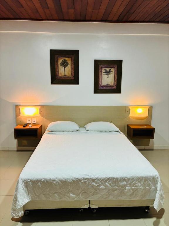a bedroom with a large white bed with two lights at Ceta Ecotel in Macapá