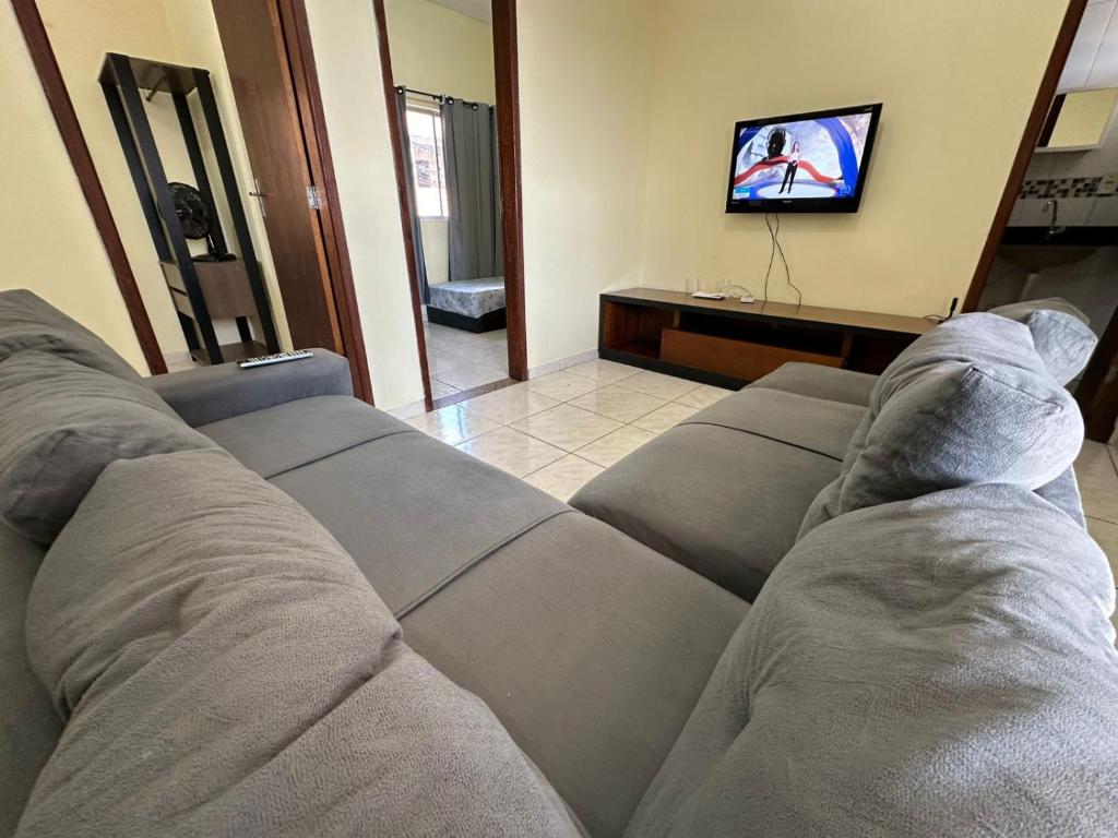 ein Wohnzimmer mit Couch und Flachbildfernseher in der Unterkunft Baratinho 2 quartos no ribeiro de abreu in Belo Horizonte