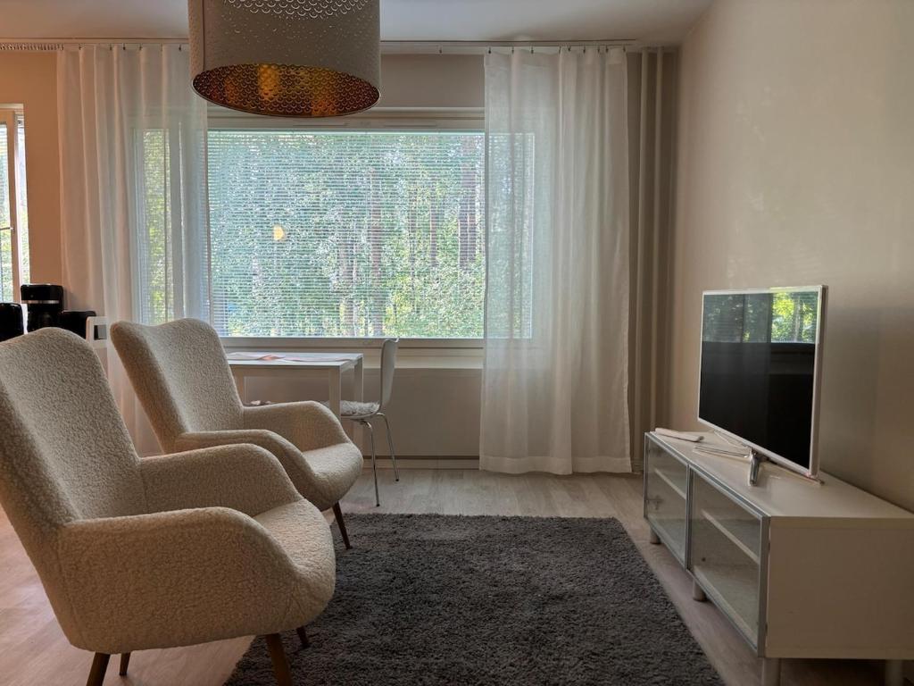a living room with two chairs and a flat screen tv at Cozy apartment for 2 - free parking in Oulu