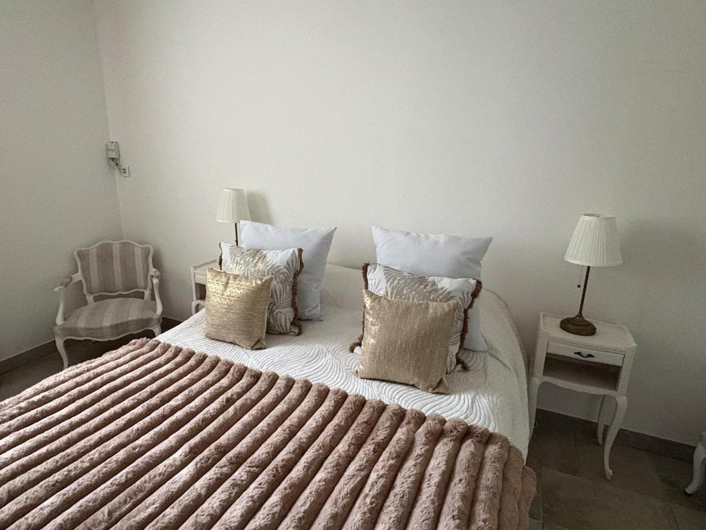 a bedroom with a bed with pillows and a chair at Joli 2 pièces dans maison au calme absolu in Saint-Julien