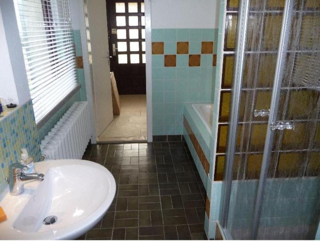 a bathroom with a sink and a shower and a tub at Ferienwohnung Michel in Ahlbeck