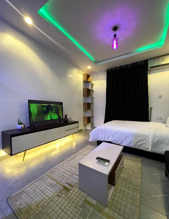 ラゴスにあるFurnished studio apartment in a serene environmentのベッド2台と薄型テレビ付きの部屋