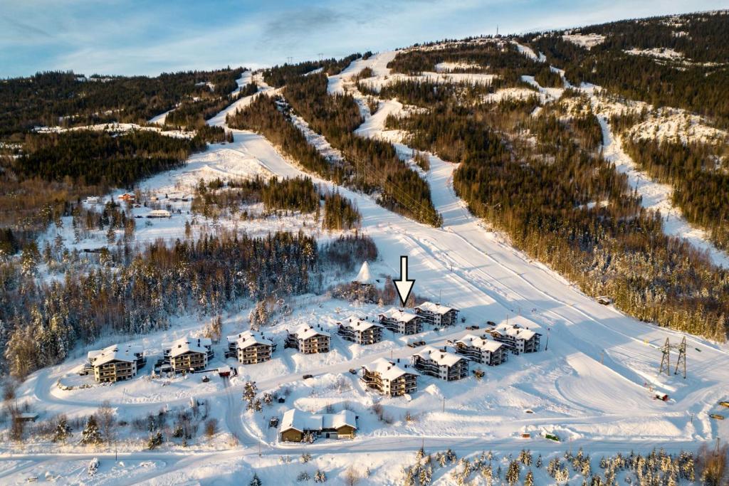 Una vista aérea de un complejo turístico en la nieve. en Norefri - Norefjell, en Ørpen