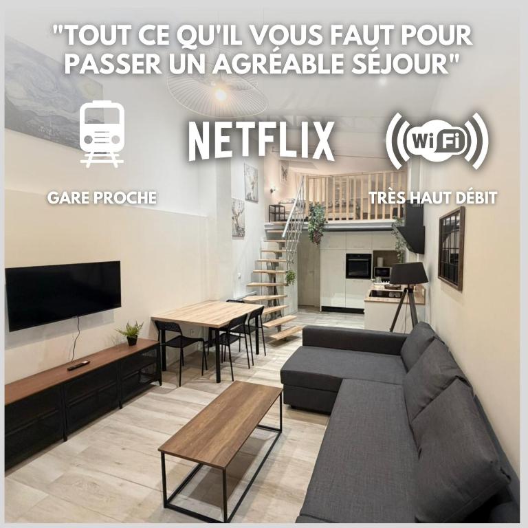 a living room with a couch and a table at Duplex Moon x4 pers NEW - Gare Parilly in Vénissieux