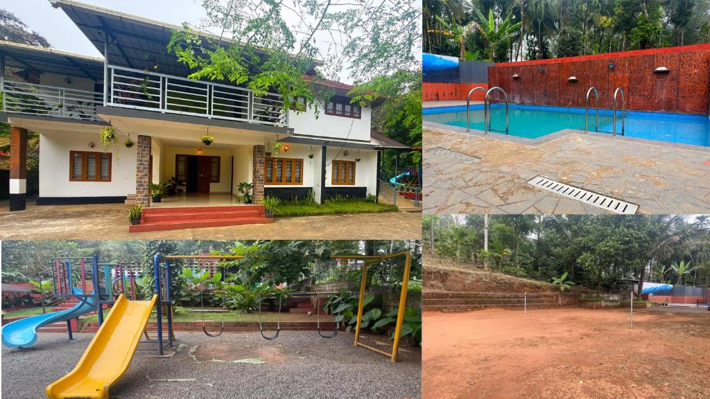 a collage of four pictures of a playground at Wayanad Shas Villa in Padinjarathara