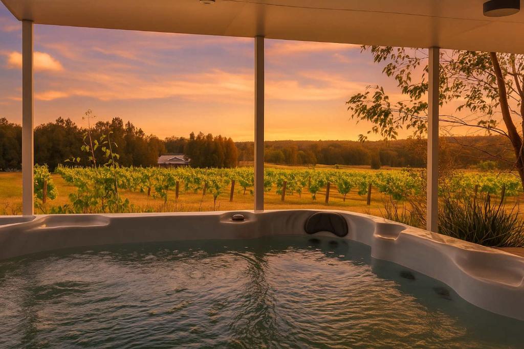 a hot tub with a view of a vineyard at Rose at the Vineyard in Pokolbin