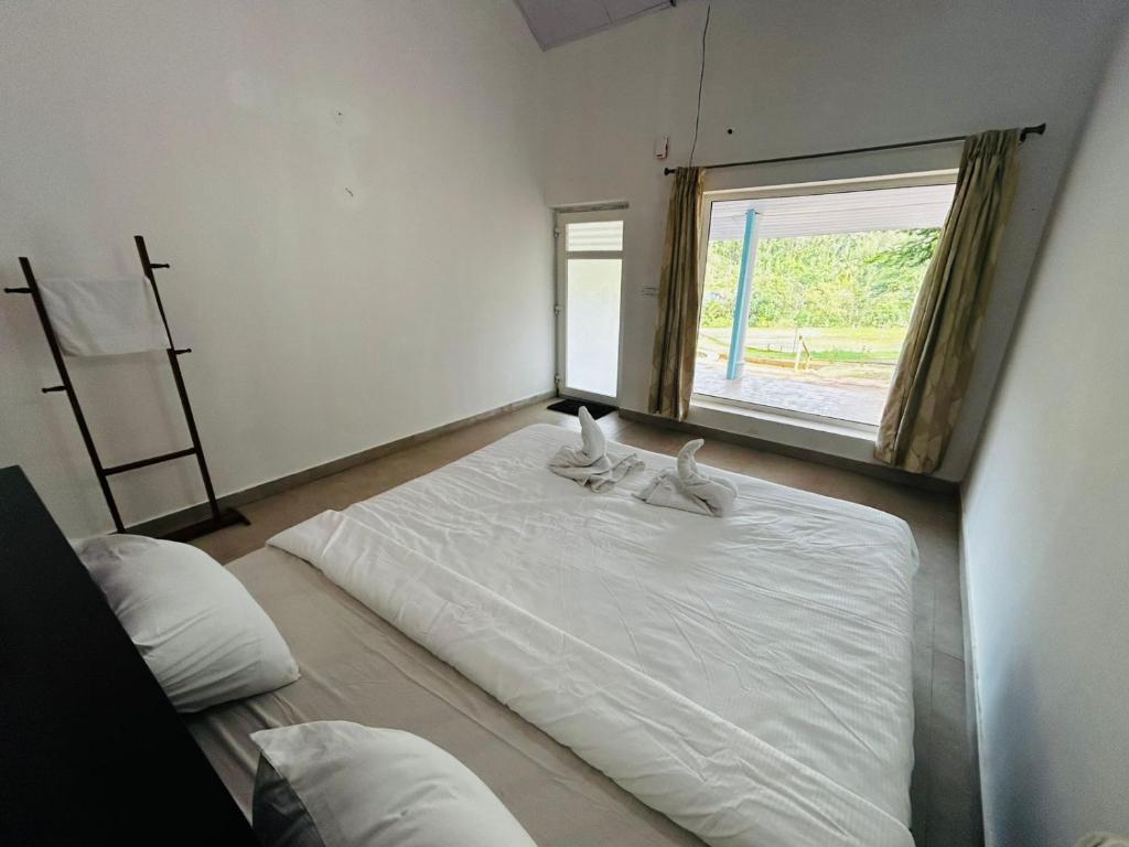 JamburにあるIsland Cafeの窓のある部屋にある大きな白いベッド