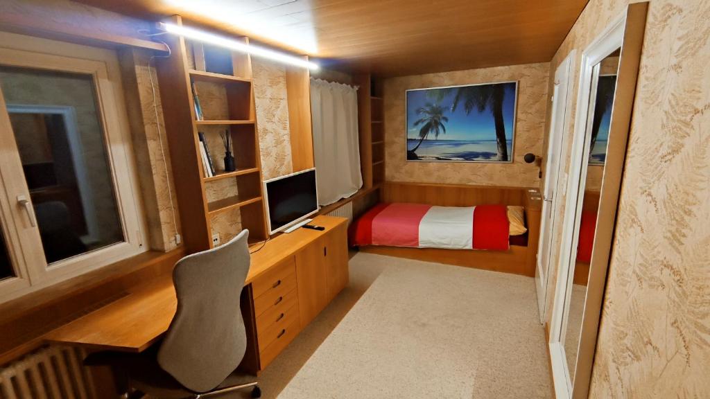 a small room with a desk and a bed and a computer at Single Room In Very Quiet & Cosy House With Garden in Dübendorf