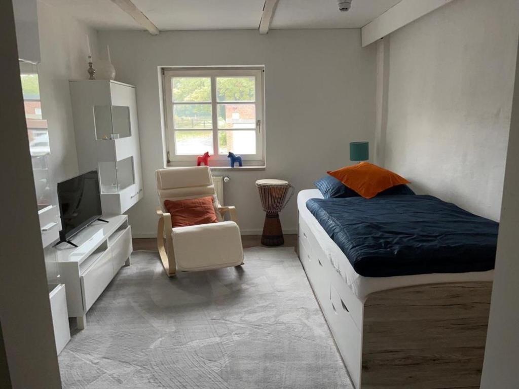 une chambre avec un lit, une télévision et une chaise dans l'établissement Neu! Alter Kornspeicher, à Bönen