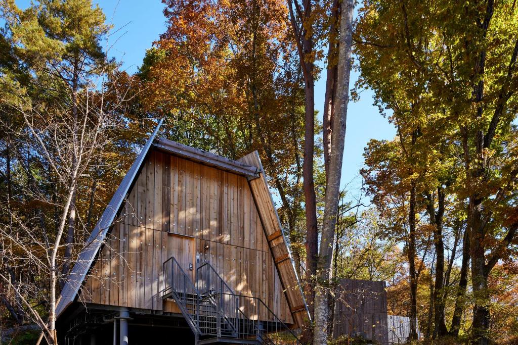 a tiny house in the woods with a roof at SANU 2nd Home 八ヶ岳2nd in Hokuto