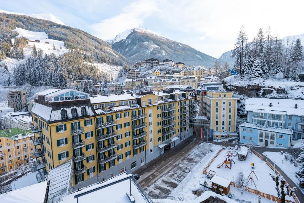 an aerial view of a city in the snow at MONDI Hotel Bellevue Gastein in Bad Gastein