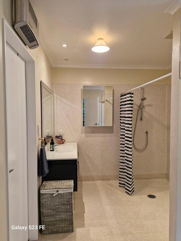 a bathroom with a shower and a sink and a toilet at Peaceful Rural Cottage in Kopuaranga