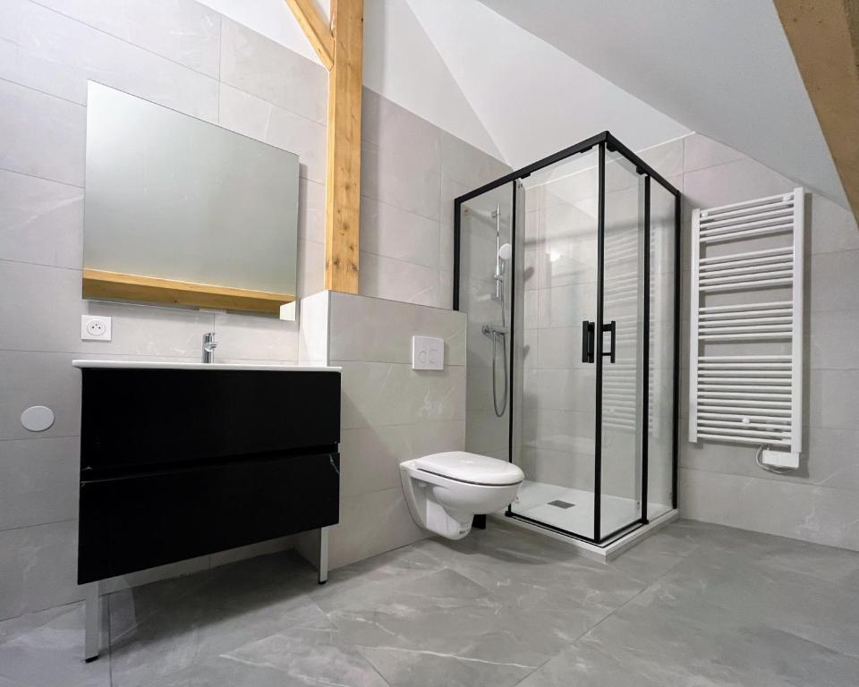 ein Badezimmer mit Toilette und Glasdusche in der Unterkunft Le Vieux Bourg Apartment 4, Spacious 3 bedroom Apartment, Ski & Cycle in Le Bourg-dʼOisans