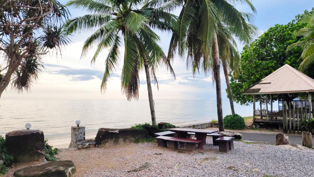 Baan Toom Village and Resort في تشانتابوري: طاولة نزهة على الشاطئ مع أشجار النخيل