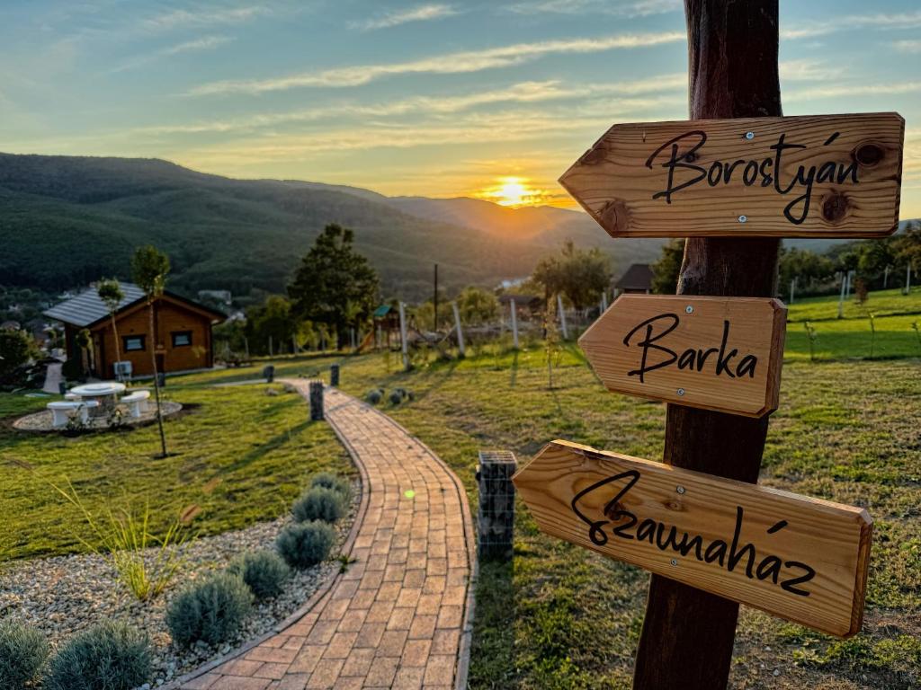a sign for a vineyard with the sunset in the background at Bükk Hill Garden in Miskolc
